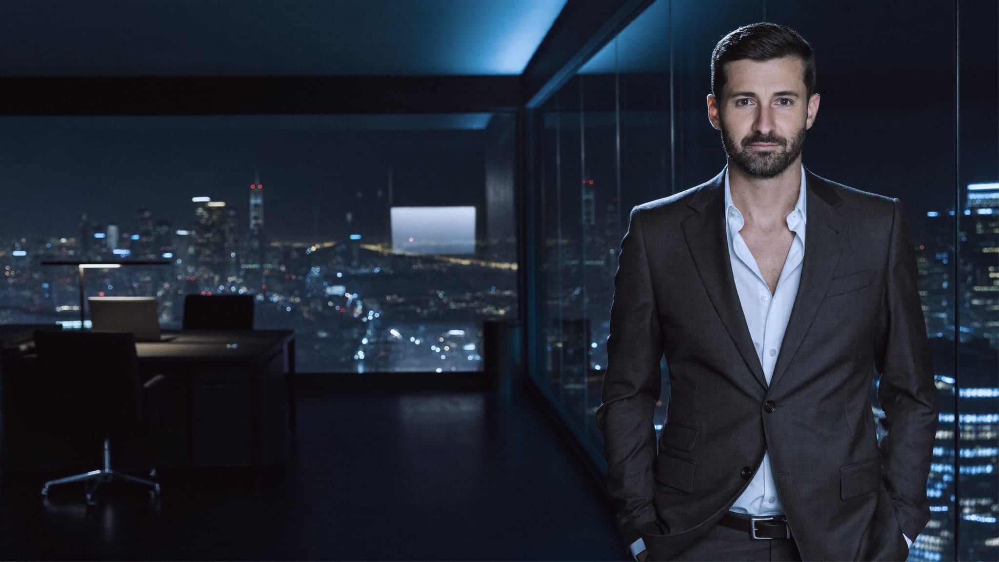 A businessman in a dark suit stands in a high-rise office at night, the city lights behind him.